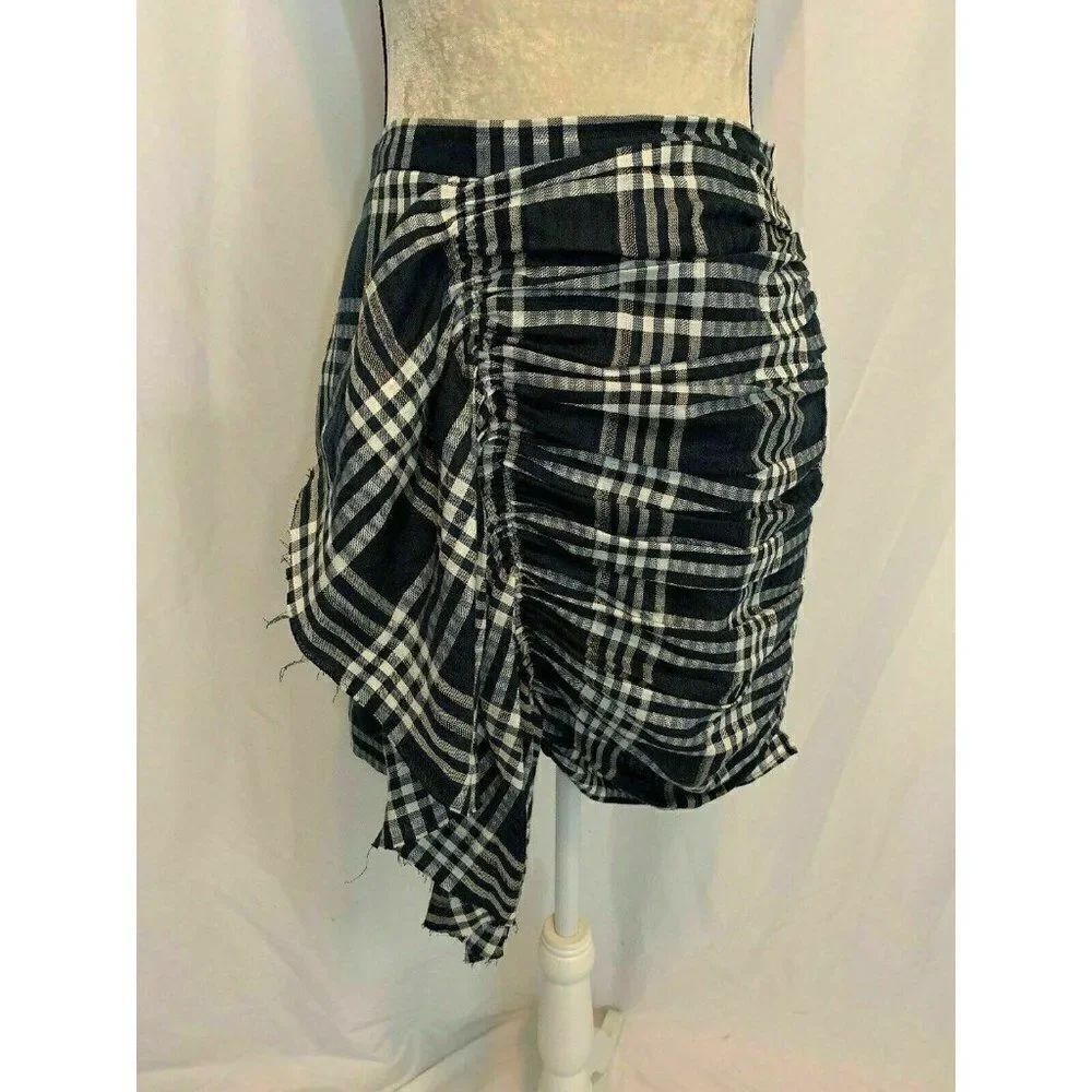 Zara Womens Linen Navy Blue White Plaid High Waist Mini Skirt Small